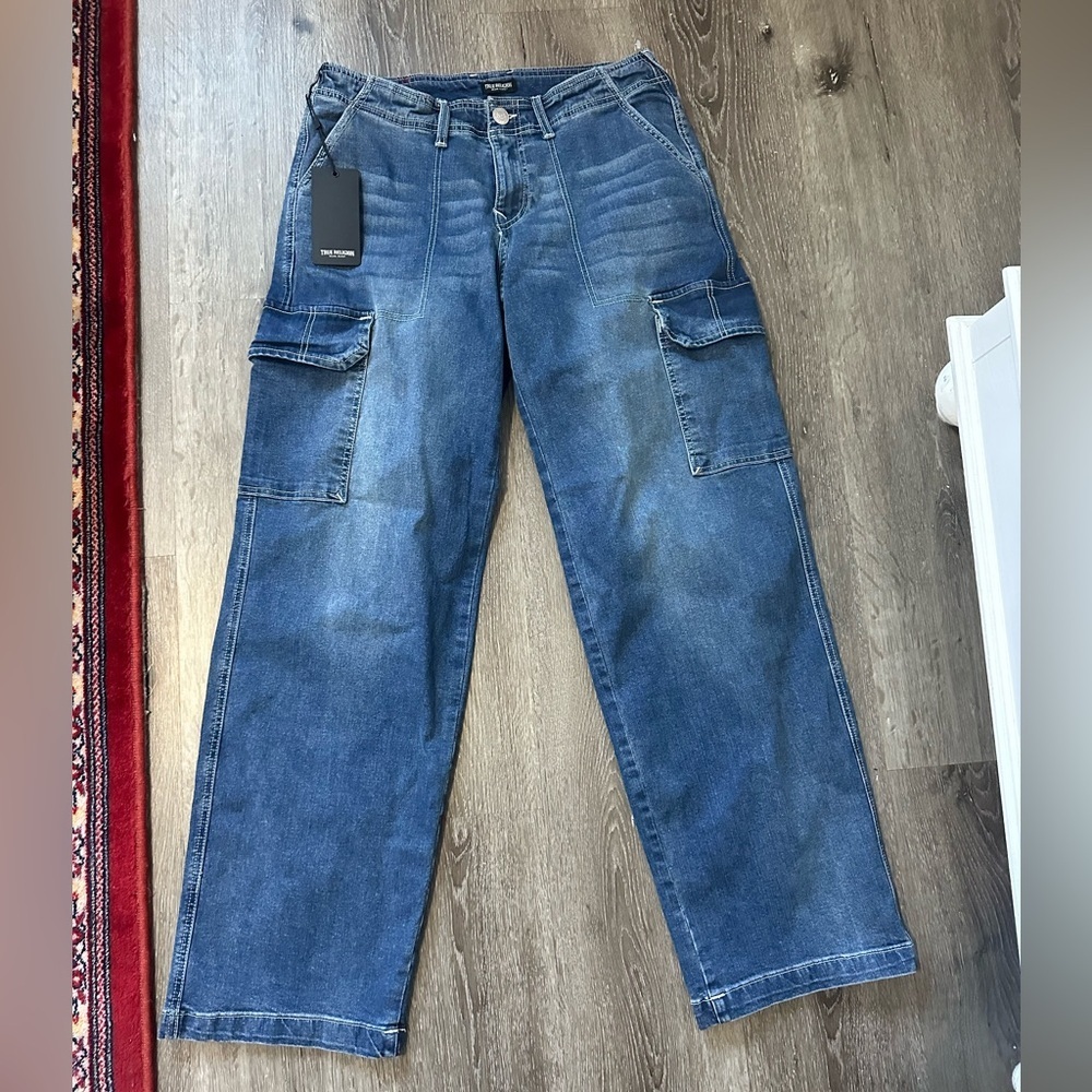 New women True Religion Blue Cargo Jeans